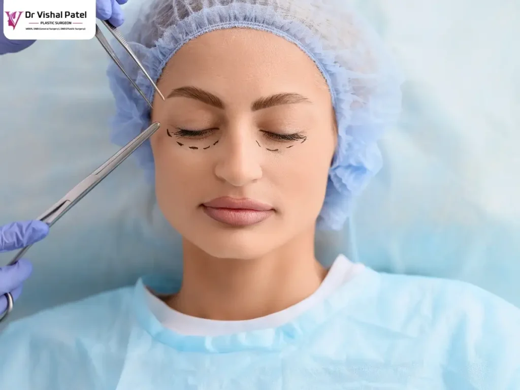 Surgical fork and scissors held near eyelid of women.