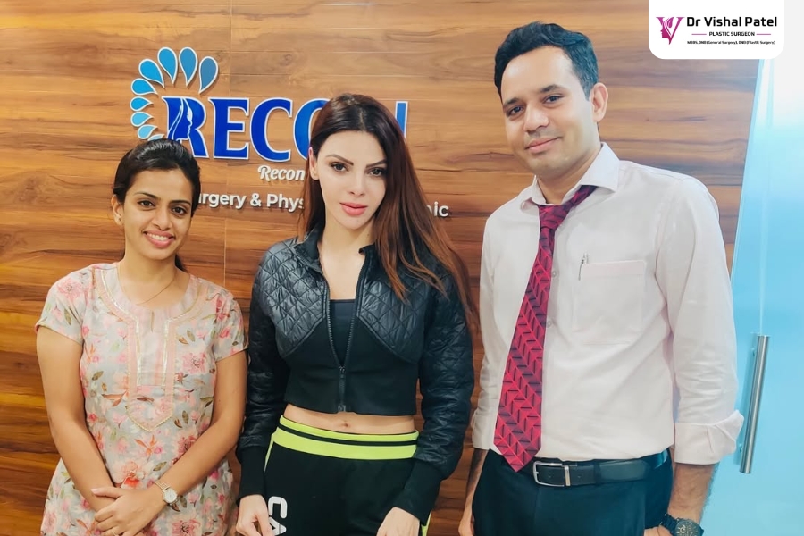 Dr. Vishal Patel with Bollywood Actress Sherlyn Chopra at Recon Plastic Surgery Clinic in Mumbai