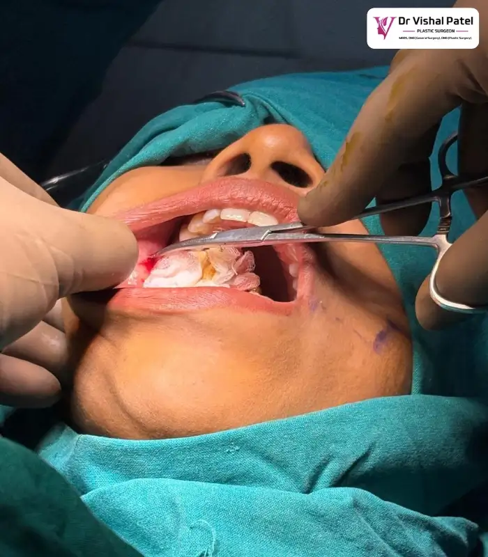 Incision being made inside the mouth for dimple surgery using scissor.