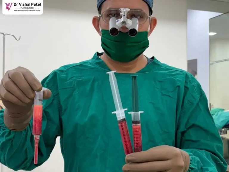 Dr. Vishal Patel holding breast fat injections in his hands.