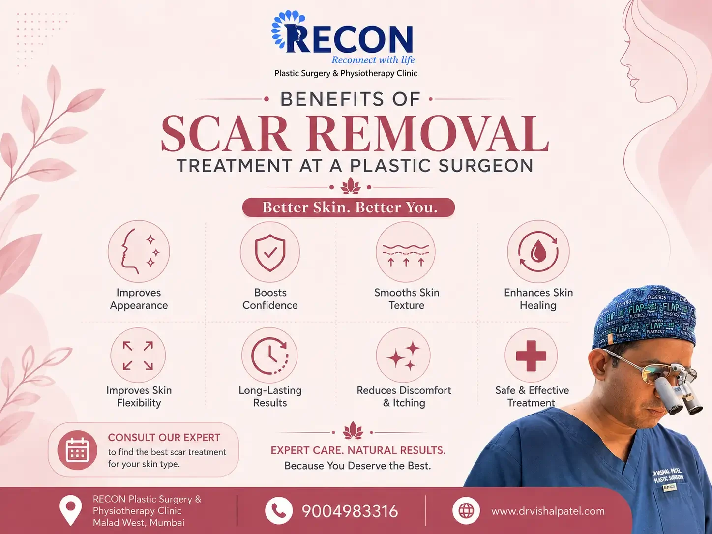 Infographics showing Benefits of Scar removal with Plastic Surgeon in Mumbai.