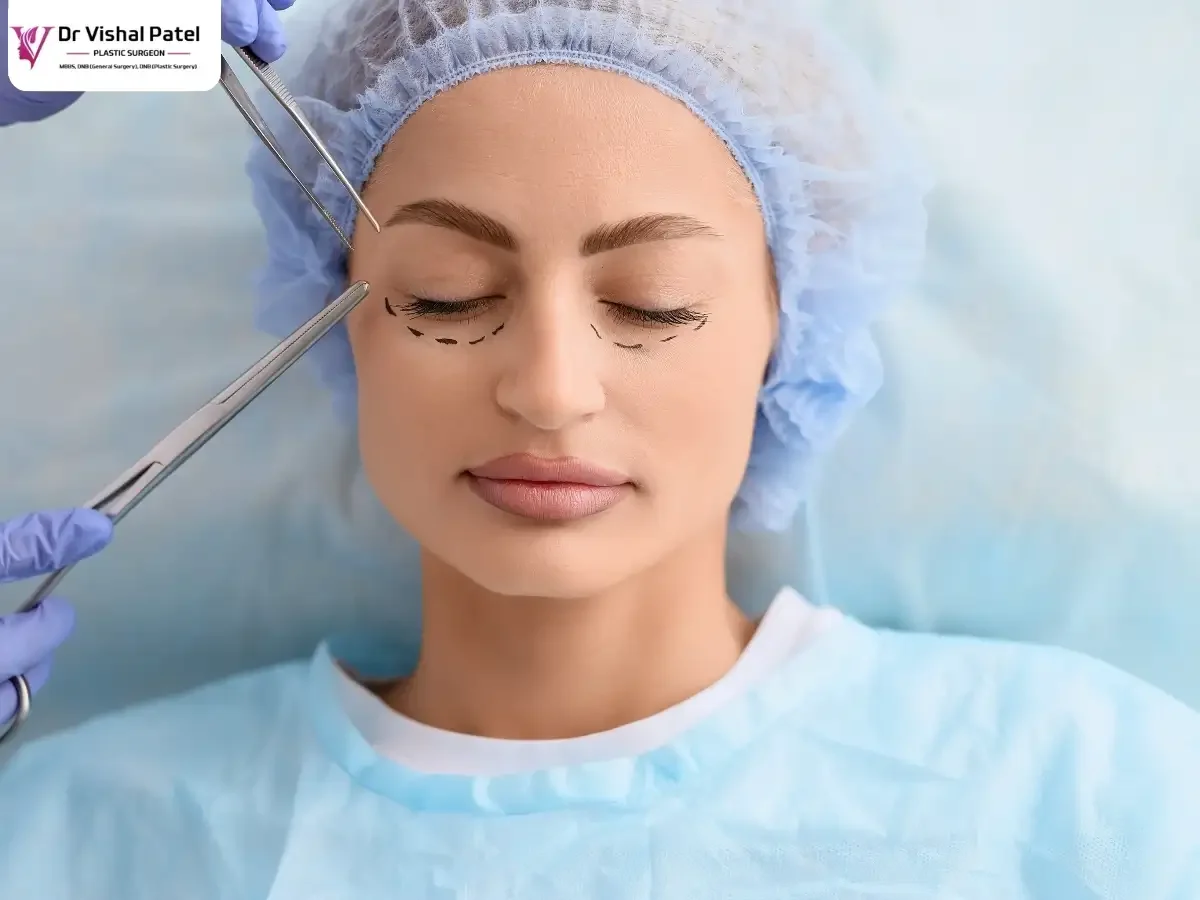 Surgical fork and scissors held near eyelid of women.