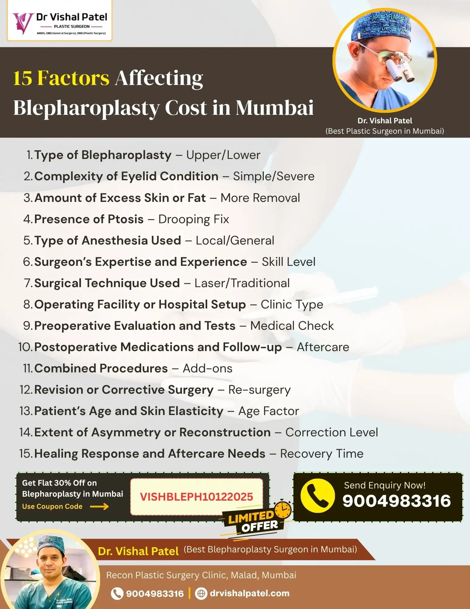 Infographic mentions 15 factors affecting blepharoplasty cost in Mumbai.