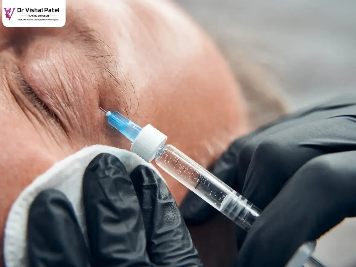 Injection is being given in eyelid of person.