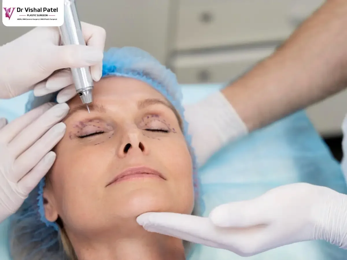 Laser instrument pointed on upper eyelid.