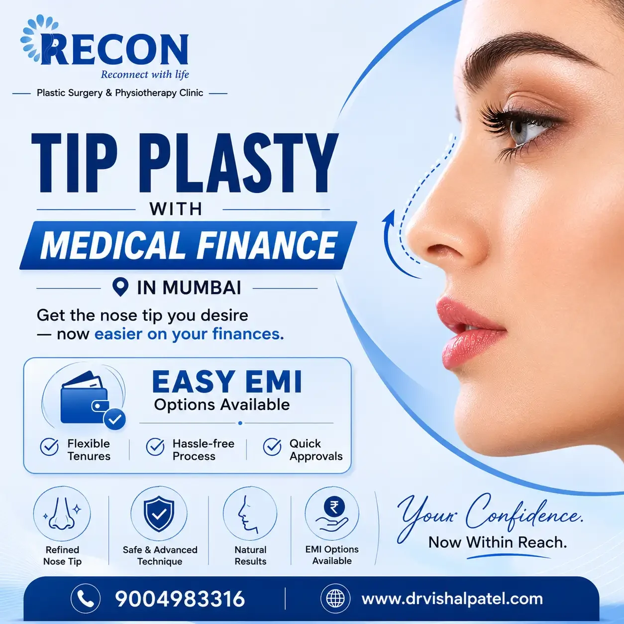 Infographics about Nose tip refinement surgery with Medical Finance in Mumbai by Dr. Vishal Patel.