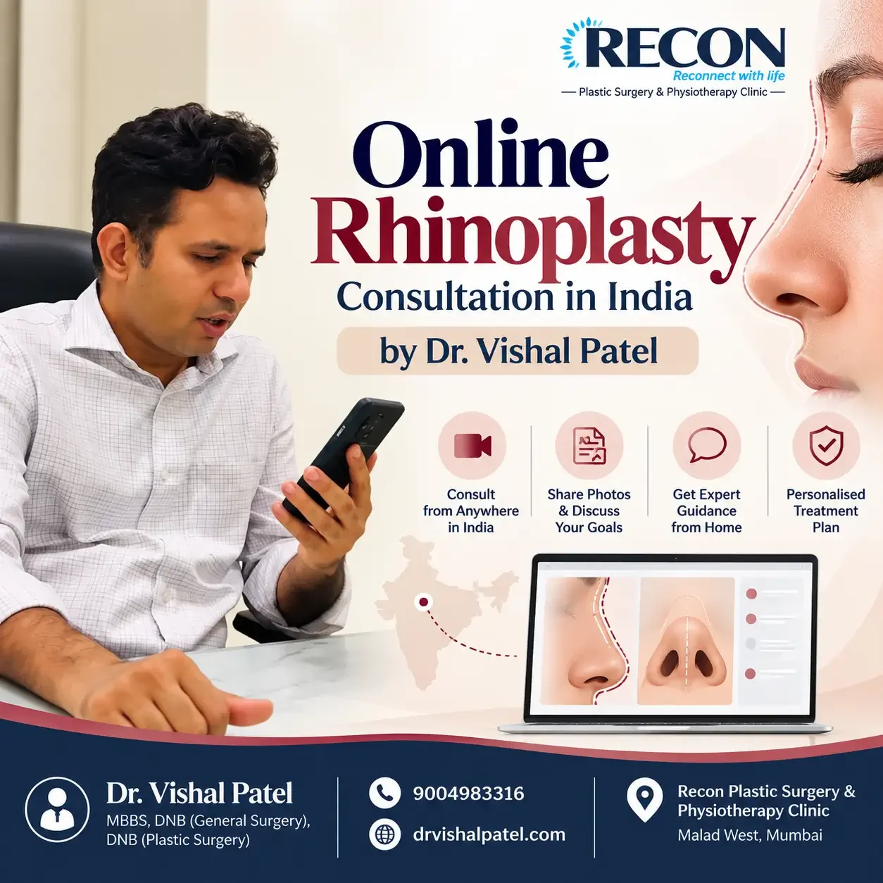 Dr. Vishal Patel doing online consultation for Rhinoplasty with phone in hand.
