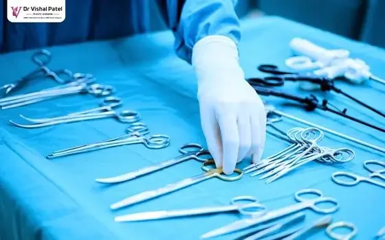 Surgical scissors knife on table.