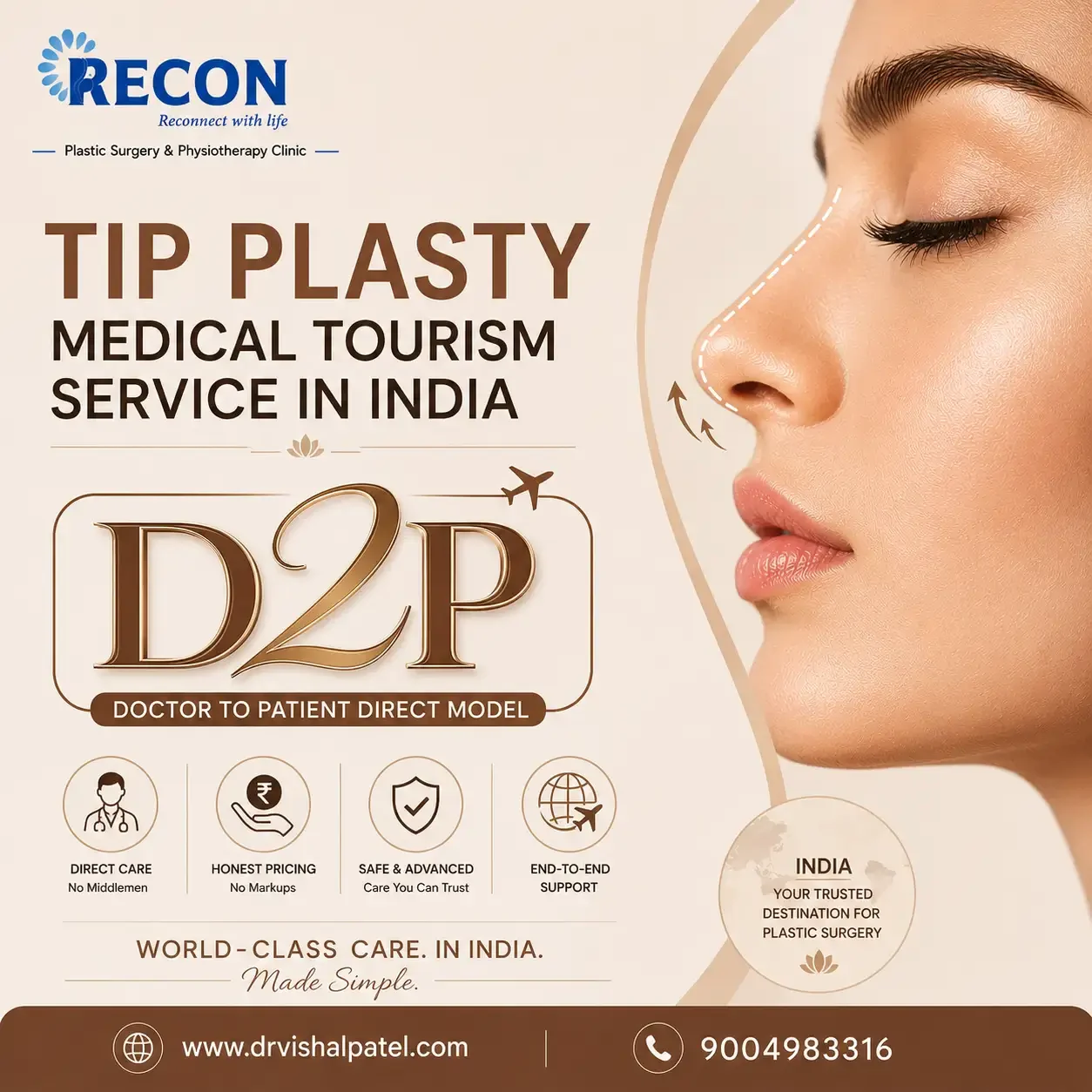 Infographics mentioning details about Tip plasty medical tourism in India offered by Dr. Vishal Patel in Mumbai.