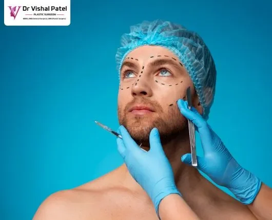 Face of a Man with markings for facial surgery.