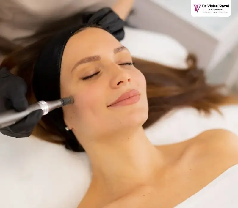 Women using microneedling on face.